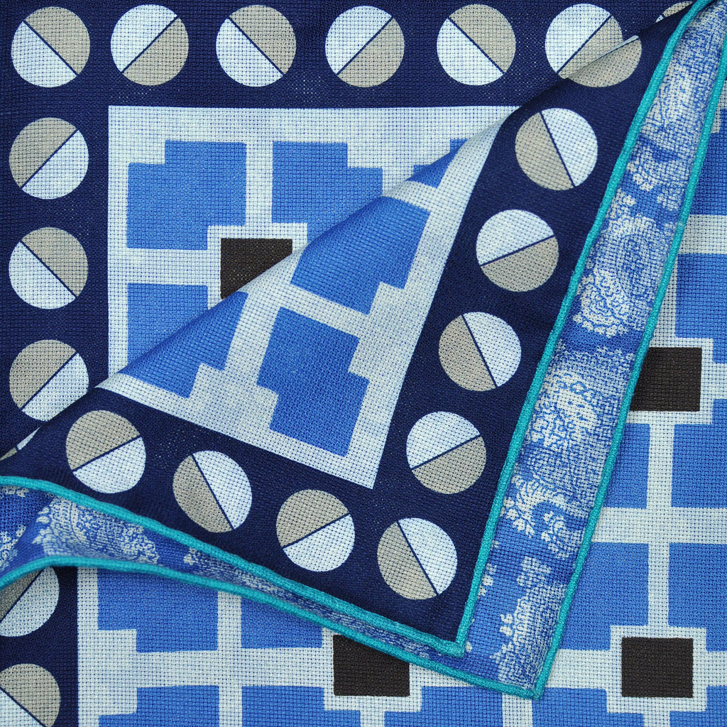 Geometrics & Paisley Reversible Panama Silk Pocket Square in Navy & Blue