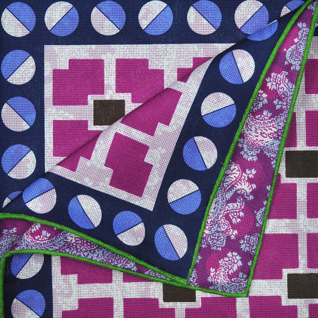 Geometrics & Paisley Reversible Panama Silk Pocket Square in Navy, Blue & Purple