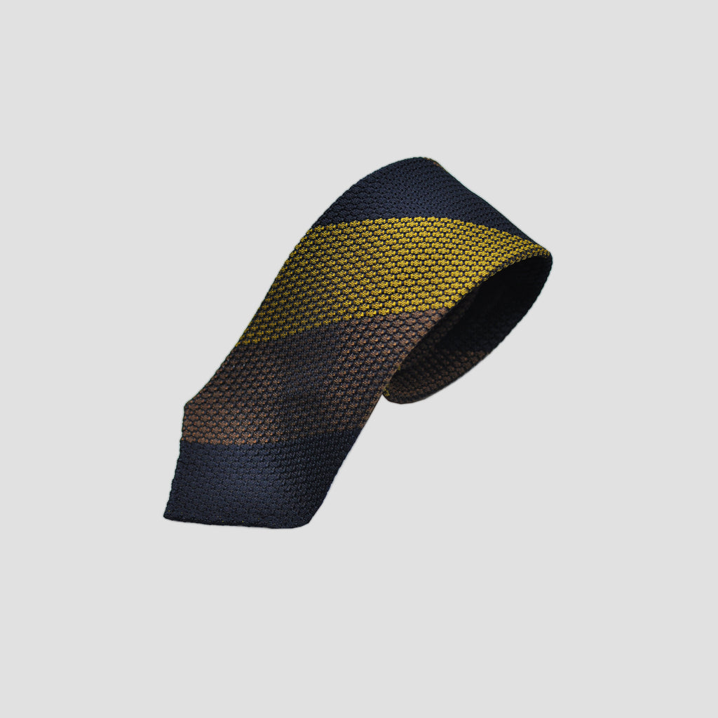 Bold Stripes Handrolled Grenadine Silk Tie in Navy, Ochre & Brown