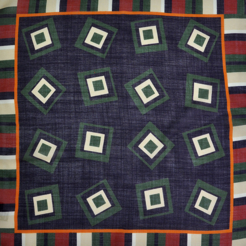 Stripes & Geometrics Wool & Silk Pocket Square in Navy, Green & Rusty Brown