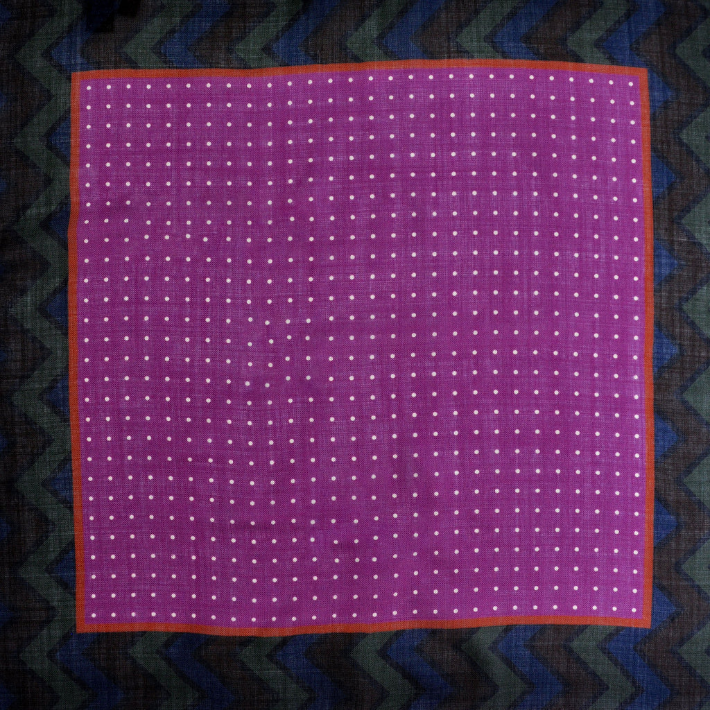 Dots & Chevrons Wool & Silk Pocket Square in Pink, Green & Brown