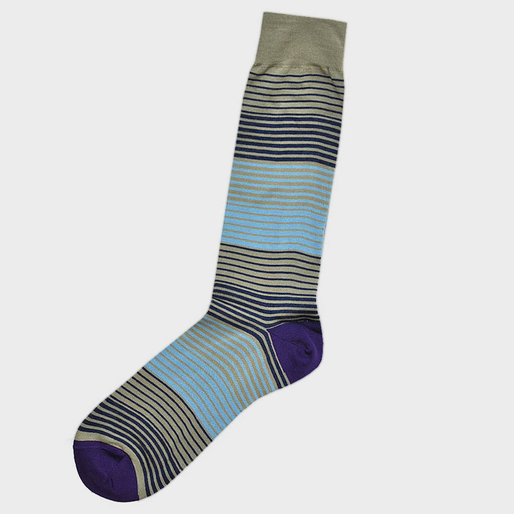 Slim Stripes Fine Cotton Socks in Navy, Light Blue & Olive