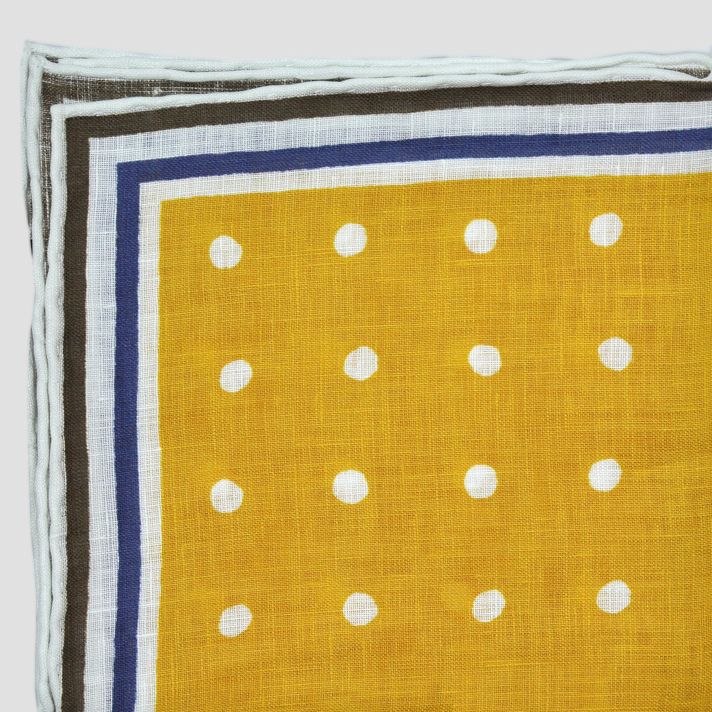Dots with Striped Border Linen Pocket Square in Yellow, Blue & Brown