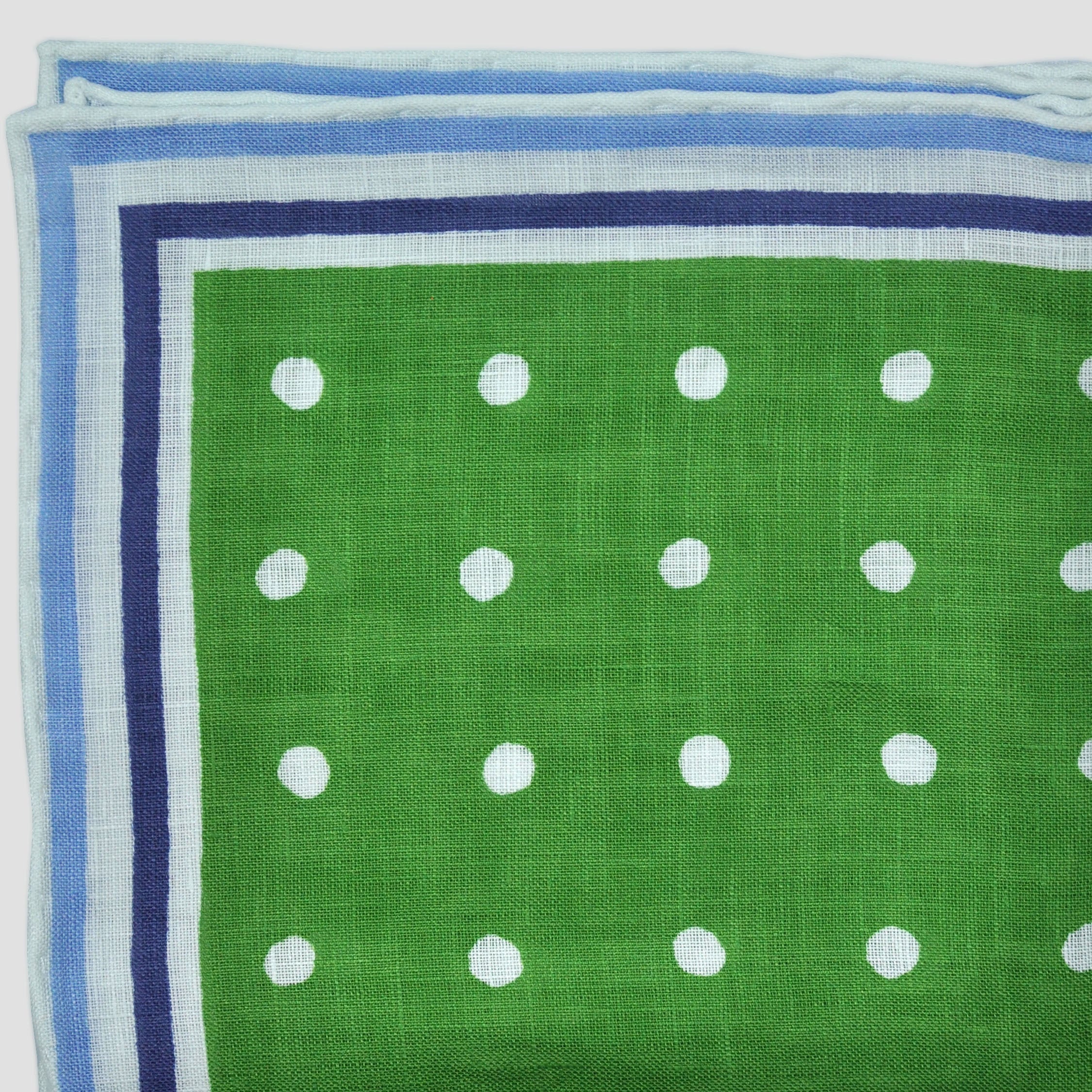 Dots with Striped Border Linen Pocket Square in Green, Navy & Blue