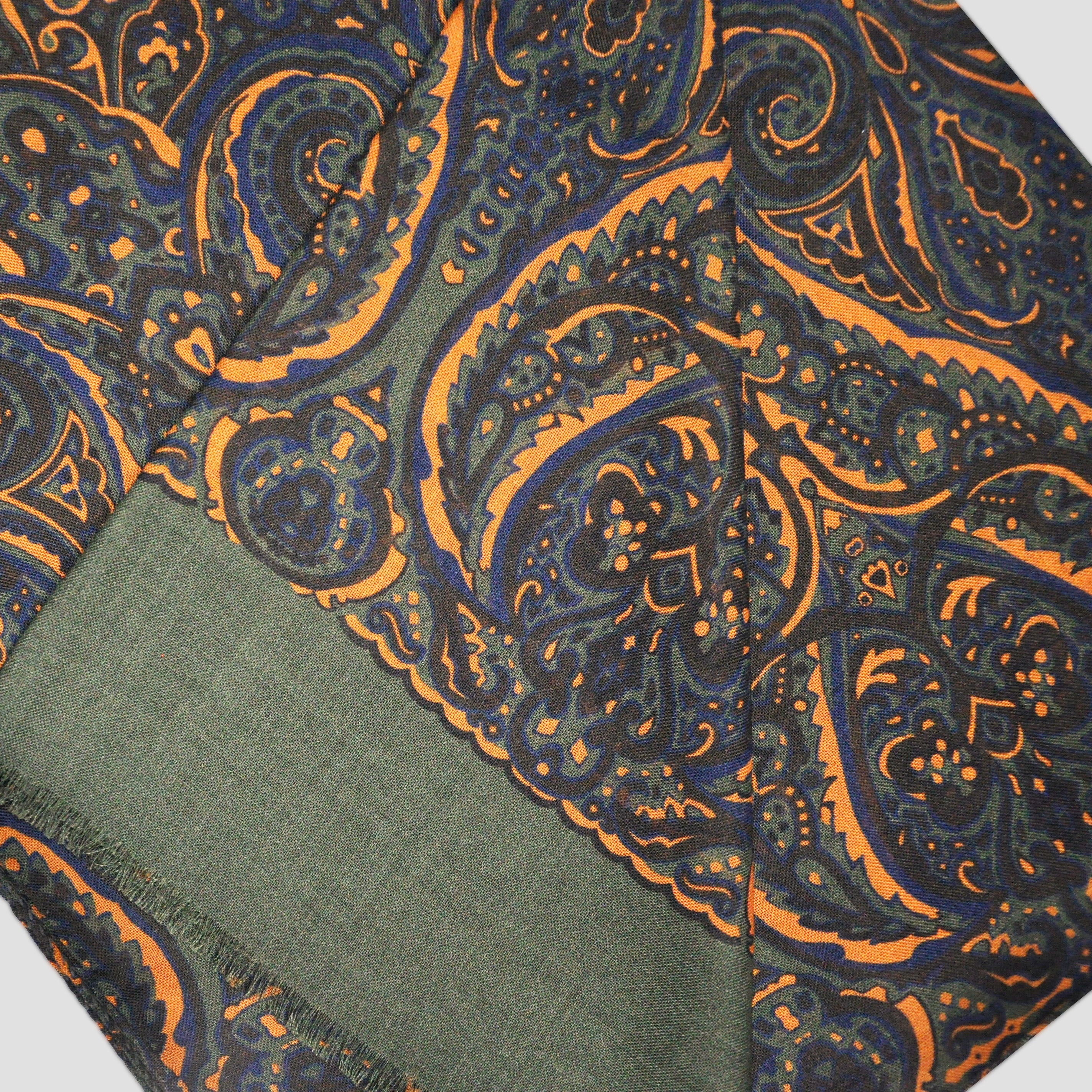 Wool Silk Paisley Scarf in Green, Ochre & Blue