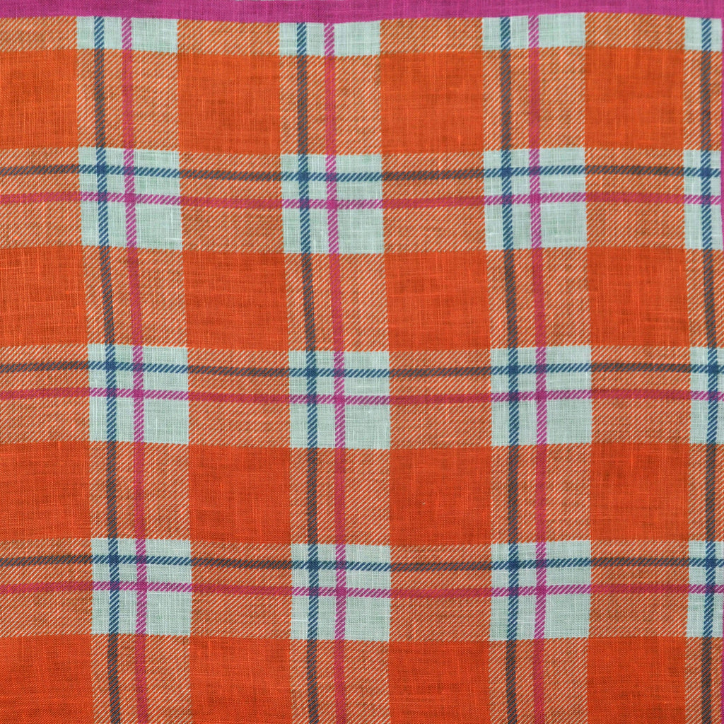 Checks with Striped Border Linen Pocket Square in Orange, Pink & Blue