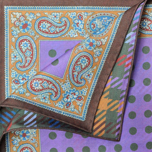 Dots, Checks & Paisley Reversible Panama Silk Pocket Square in Brown, Purple & Green
