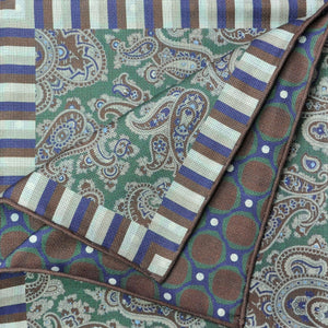 Paisley, Geo's & Stripes Reversible Panama Silk Pocket Square in Blue, Brown & Green