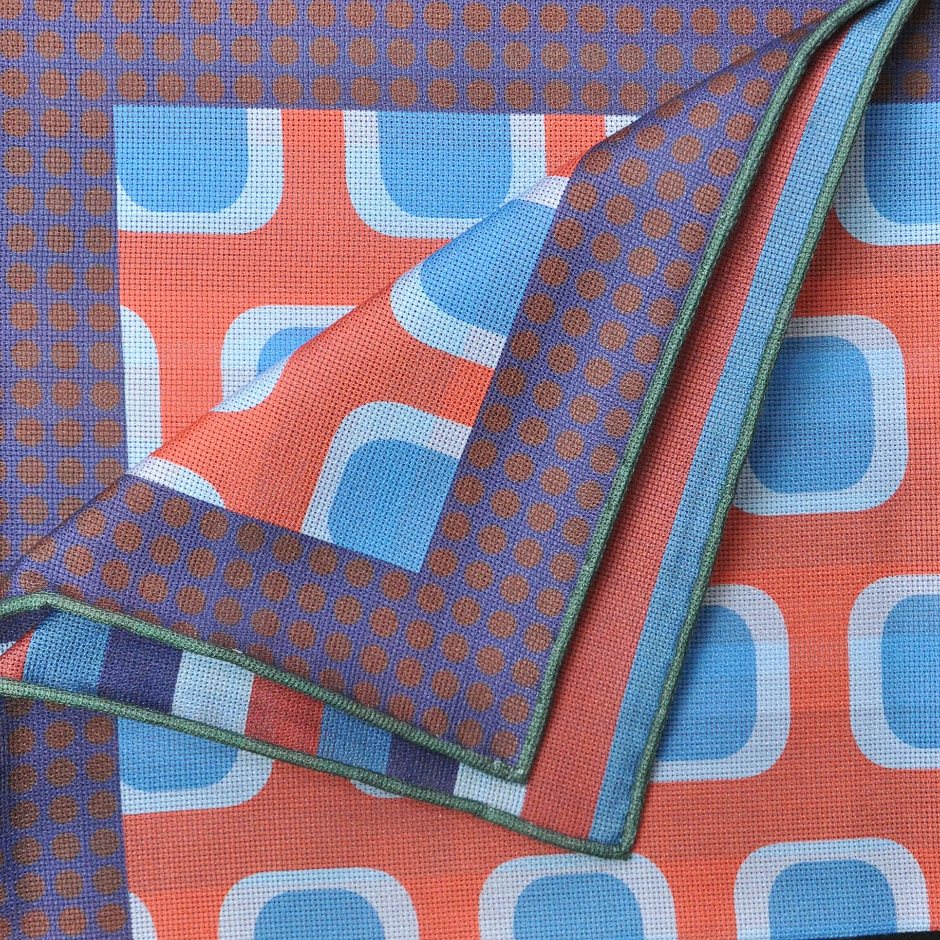 Dots, Geo's & Stripes Reversible Panama Silk Pocket Square in Navy, Blue & Peach Red
