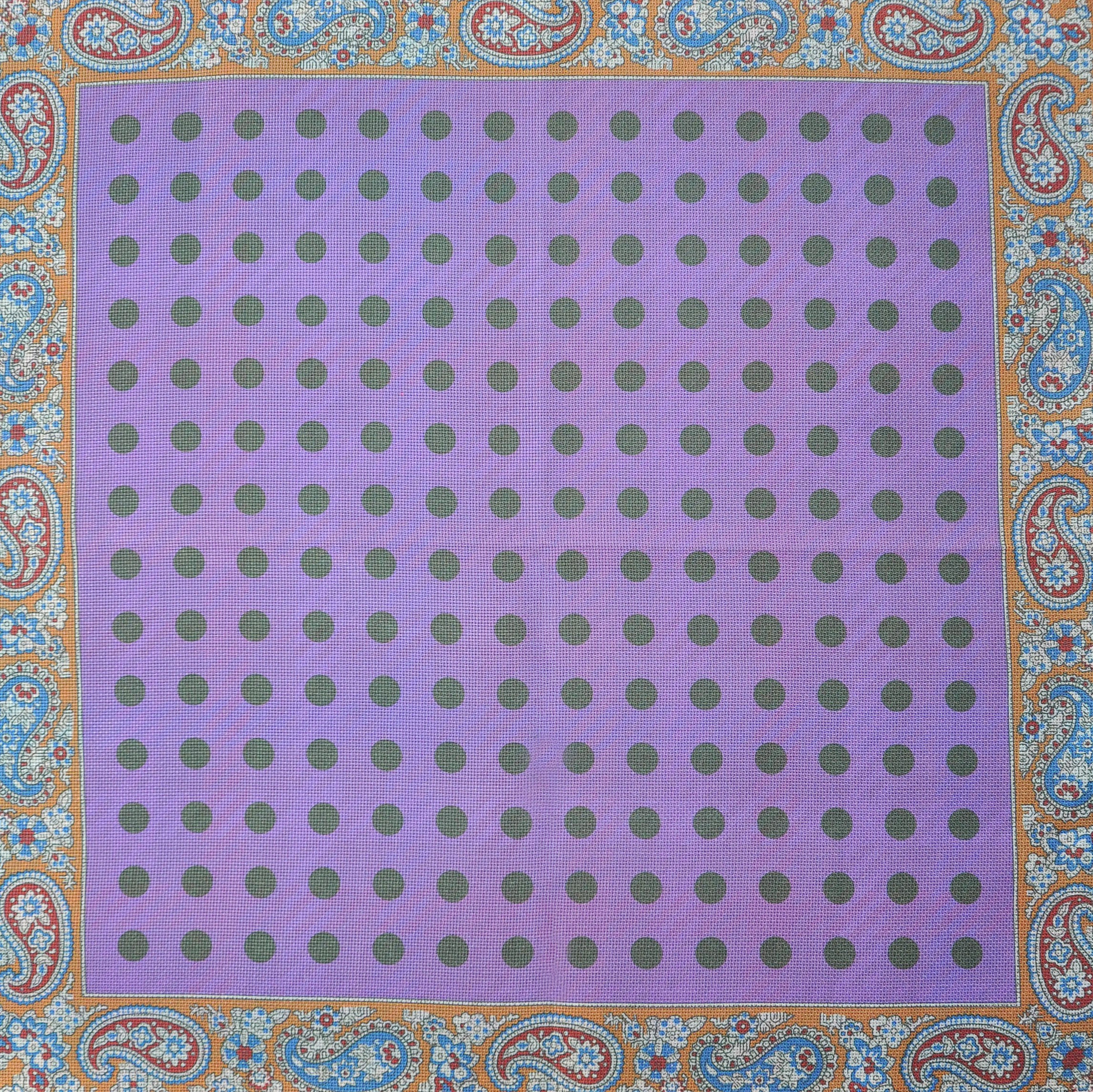 Dots, Checks & Paisley Reversible Panama Silk Pocket Square in Brown, Purple & Green
