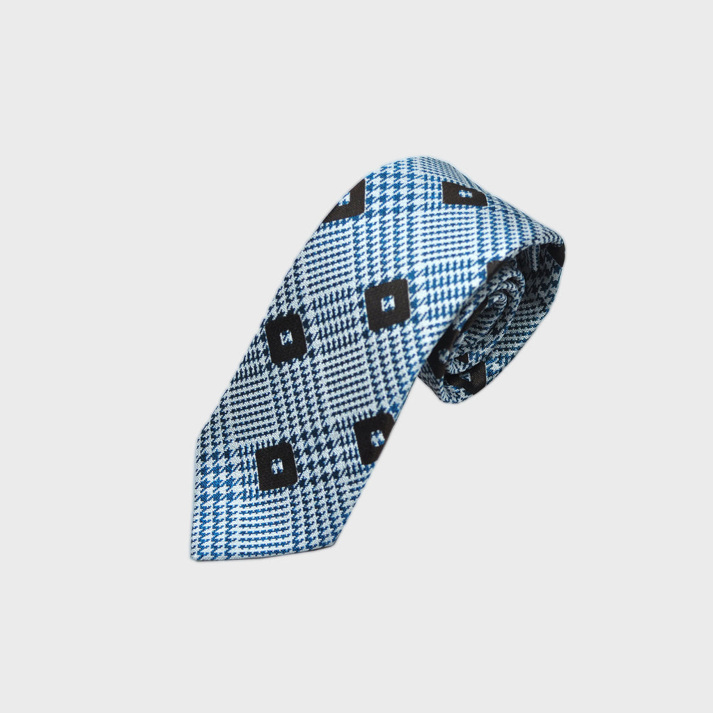 Prince of Wales Check and Geometrics Silk Tie in Blue & Brown