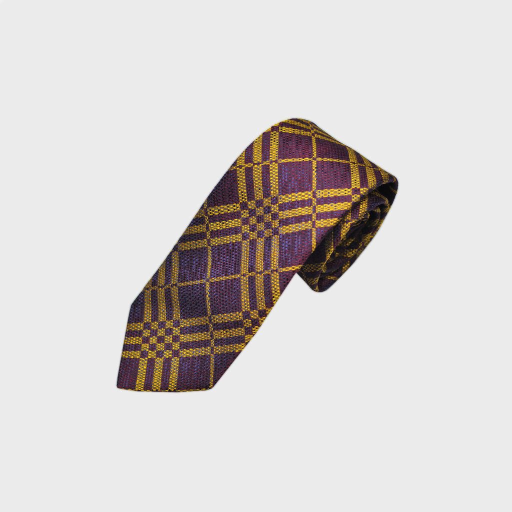 Check & Geometrics Tussah Silk Tie in Claret & Gold