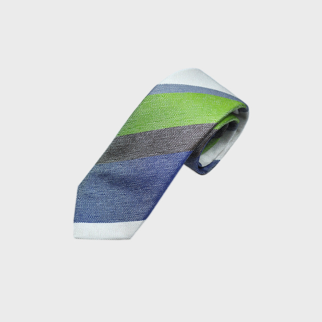 Bold Sripes Silk Tie in Blue, Lime, Brown & White
