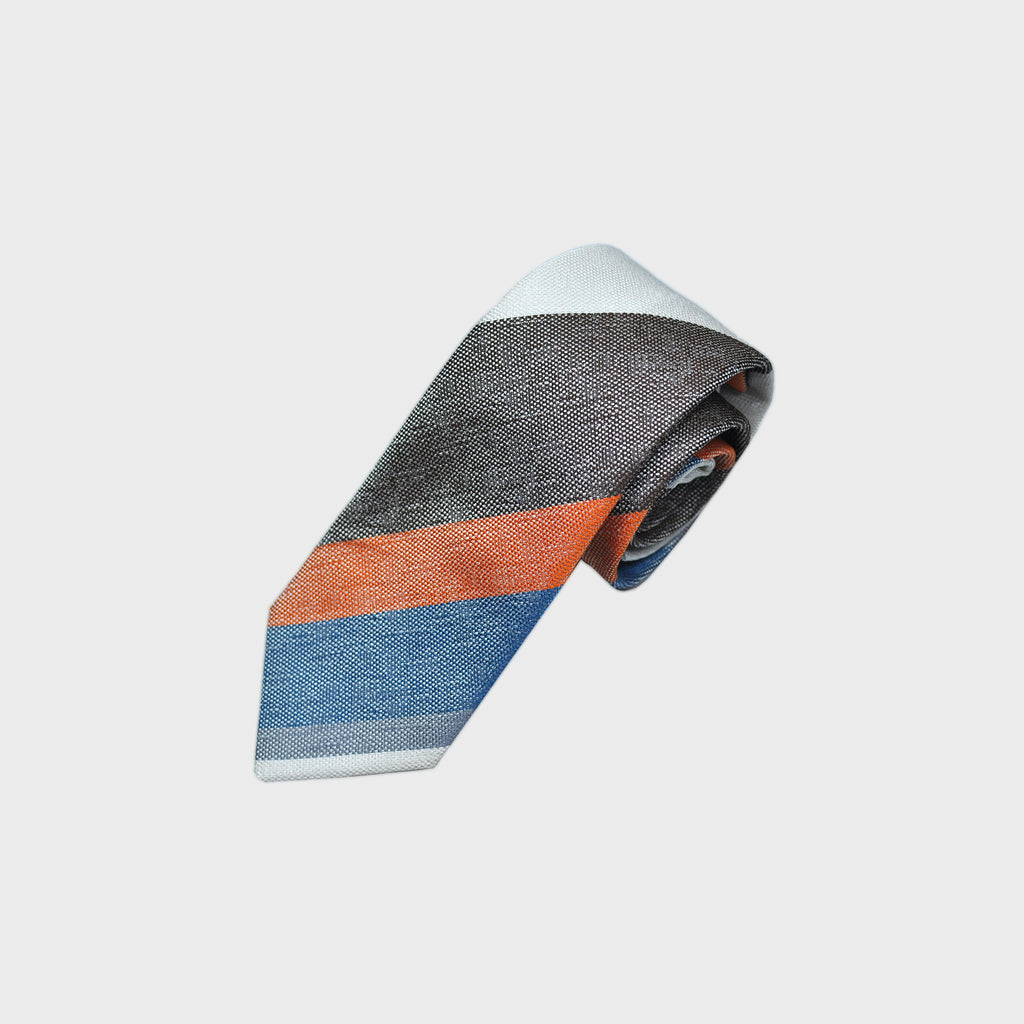 Bold Stripes Silk Tie in Blue, Brown, Orange & White