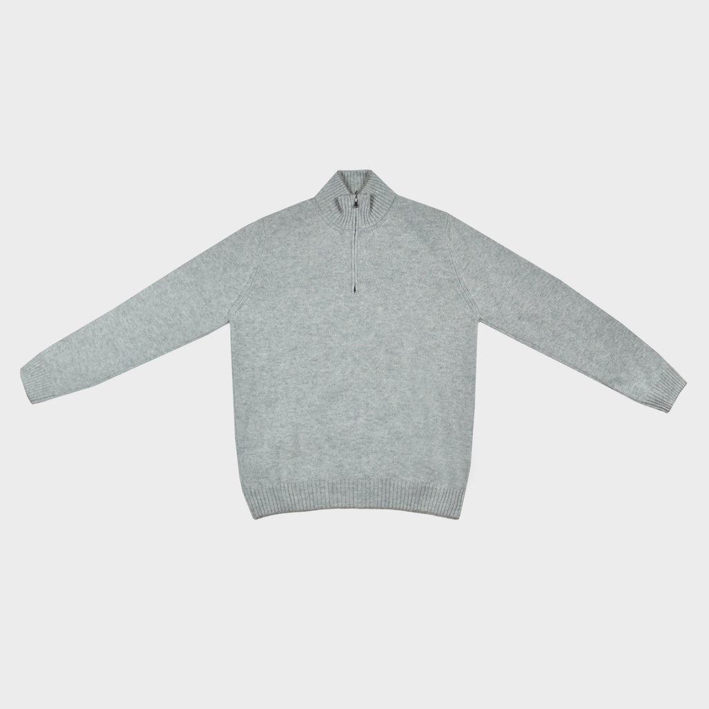 Merino Wool Quarter Zip Jumper in Light Grey with Dark Grey Trim