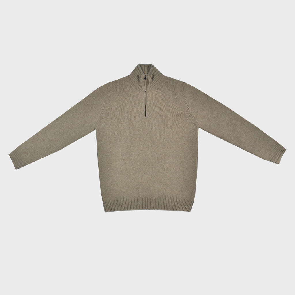 Merino Wool Quarter Zip Jumper in Light Brown with Grey Trim