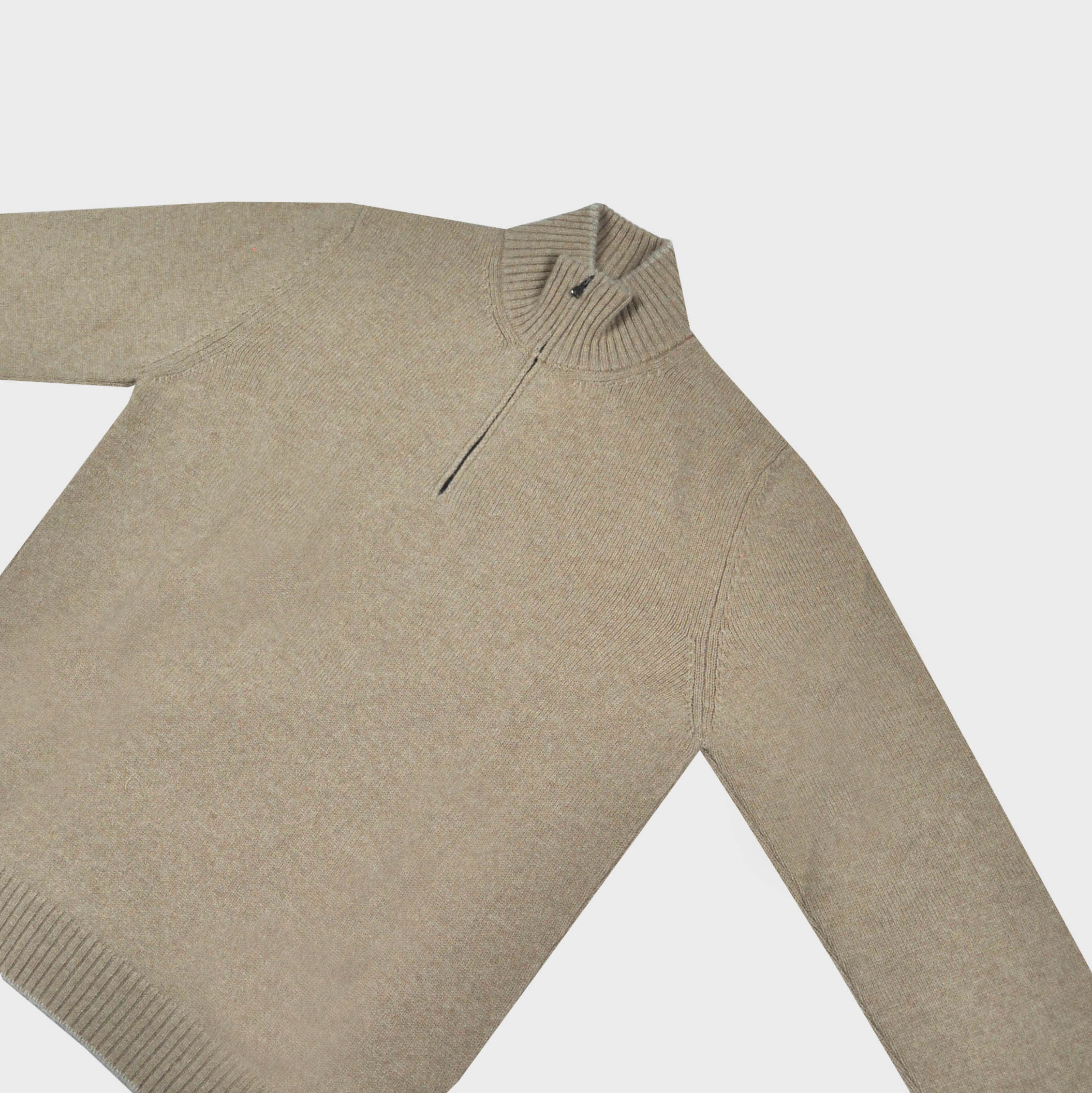 Merino Wool Quarter Zip Jumper in Light Brown with Grey Trim