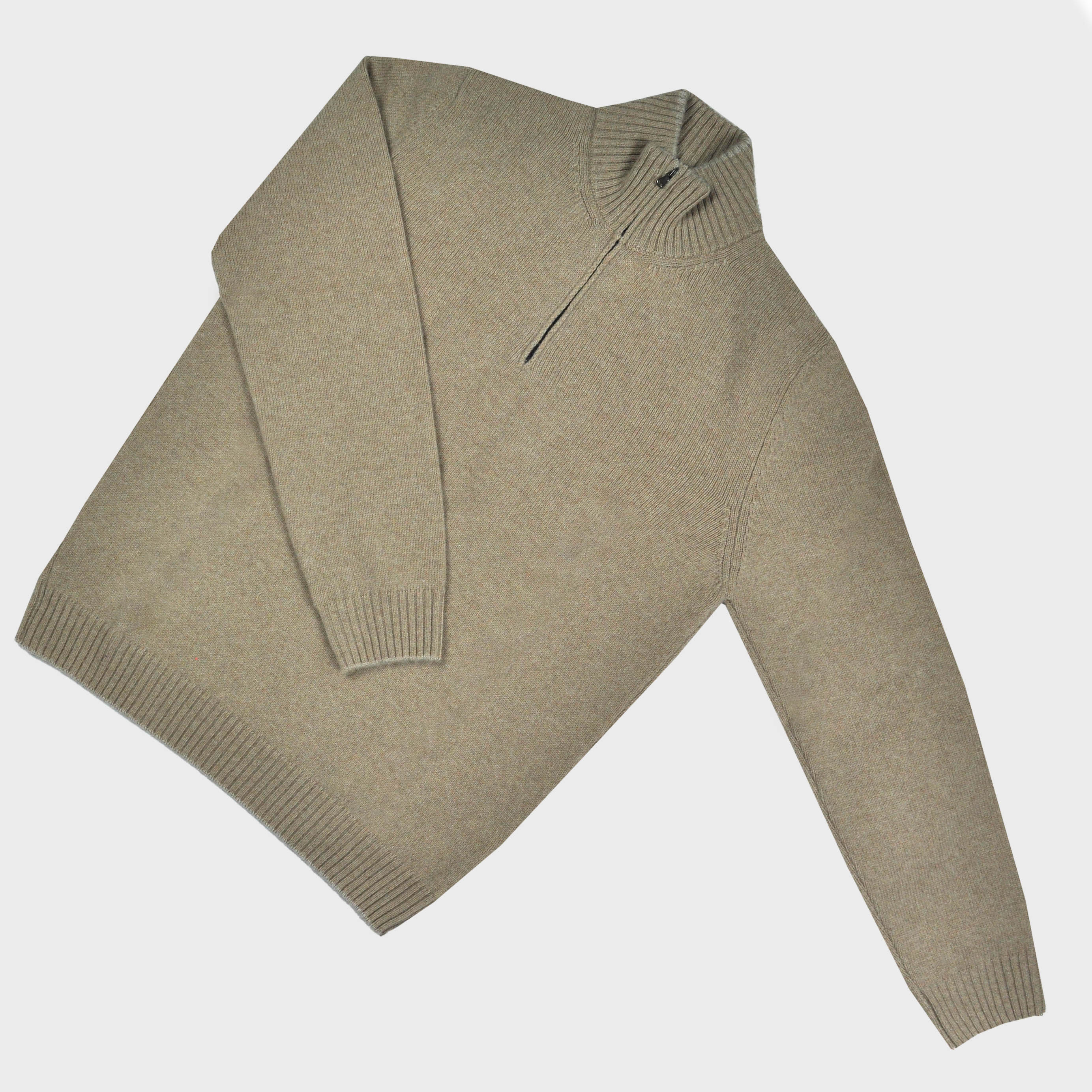 Merino Wool Quarter Zip Jumper in Light Brown with Grey Trim