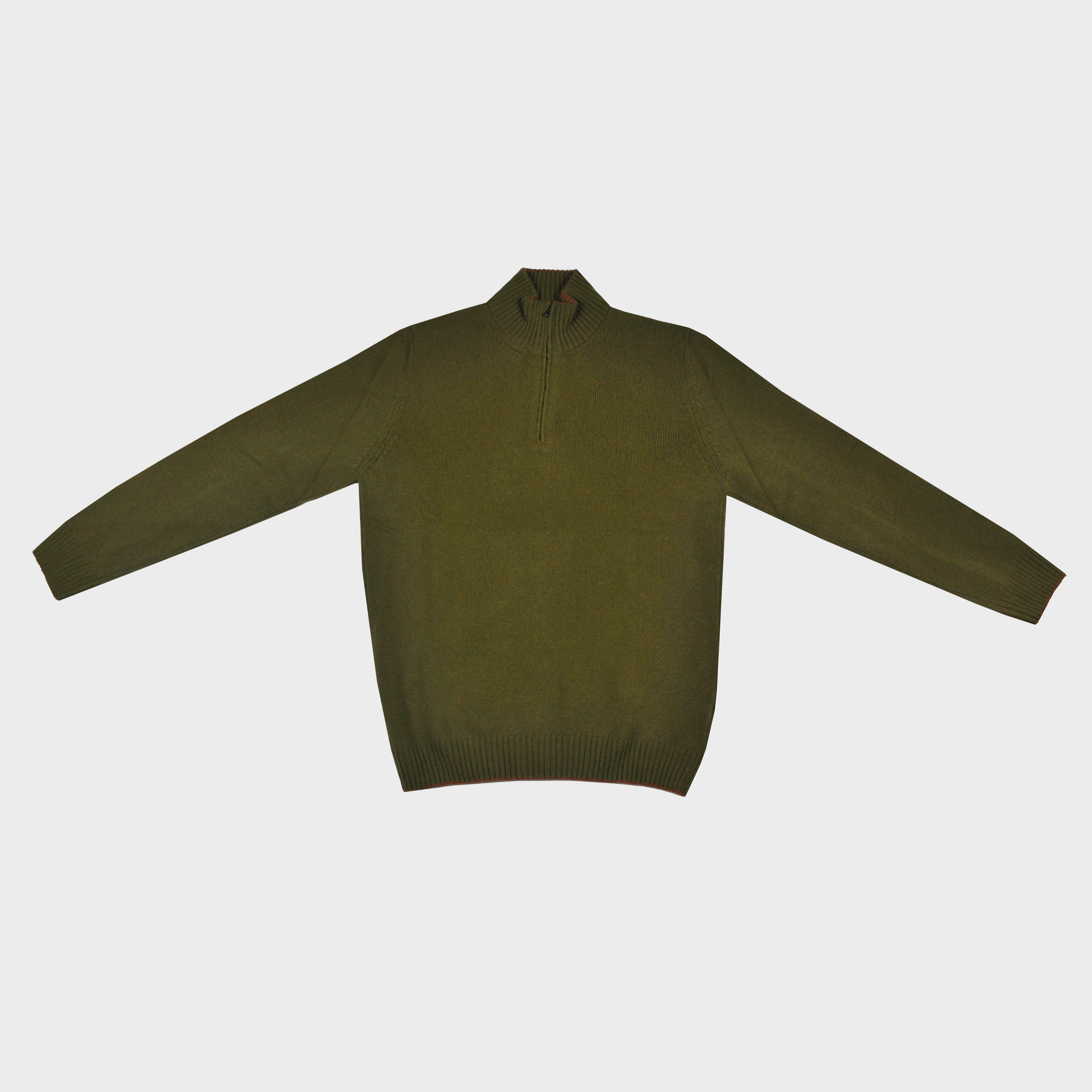 Merino Wool Quarter Zip Jumper in Olive Green with Orange Trim