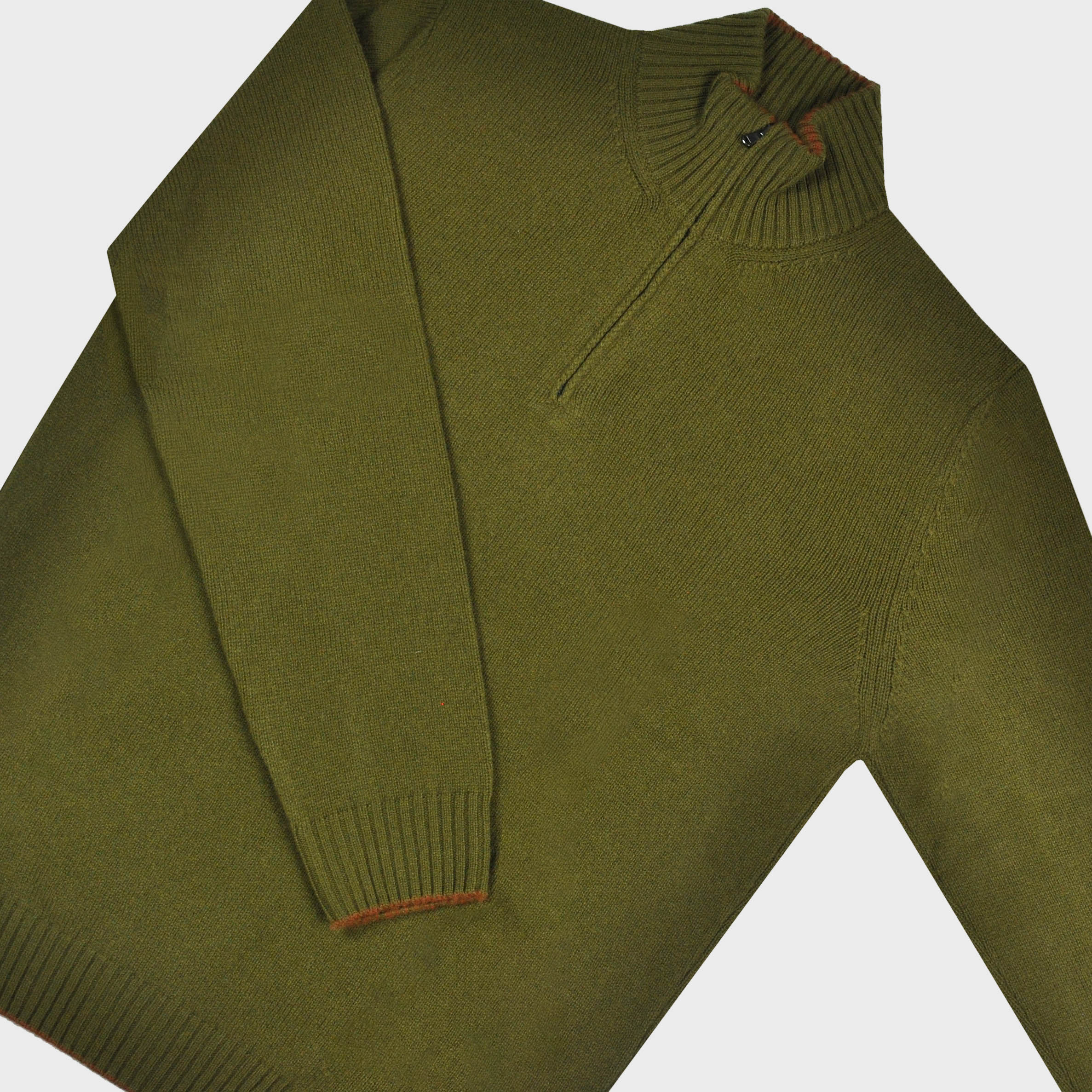 Merino Wool Quarter Zip Jumper in Olive Green with Orange Trim