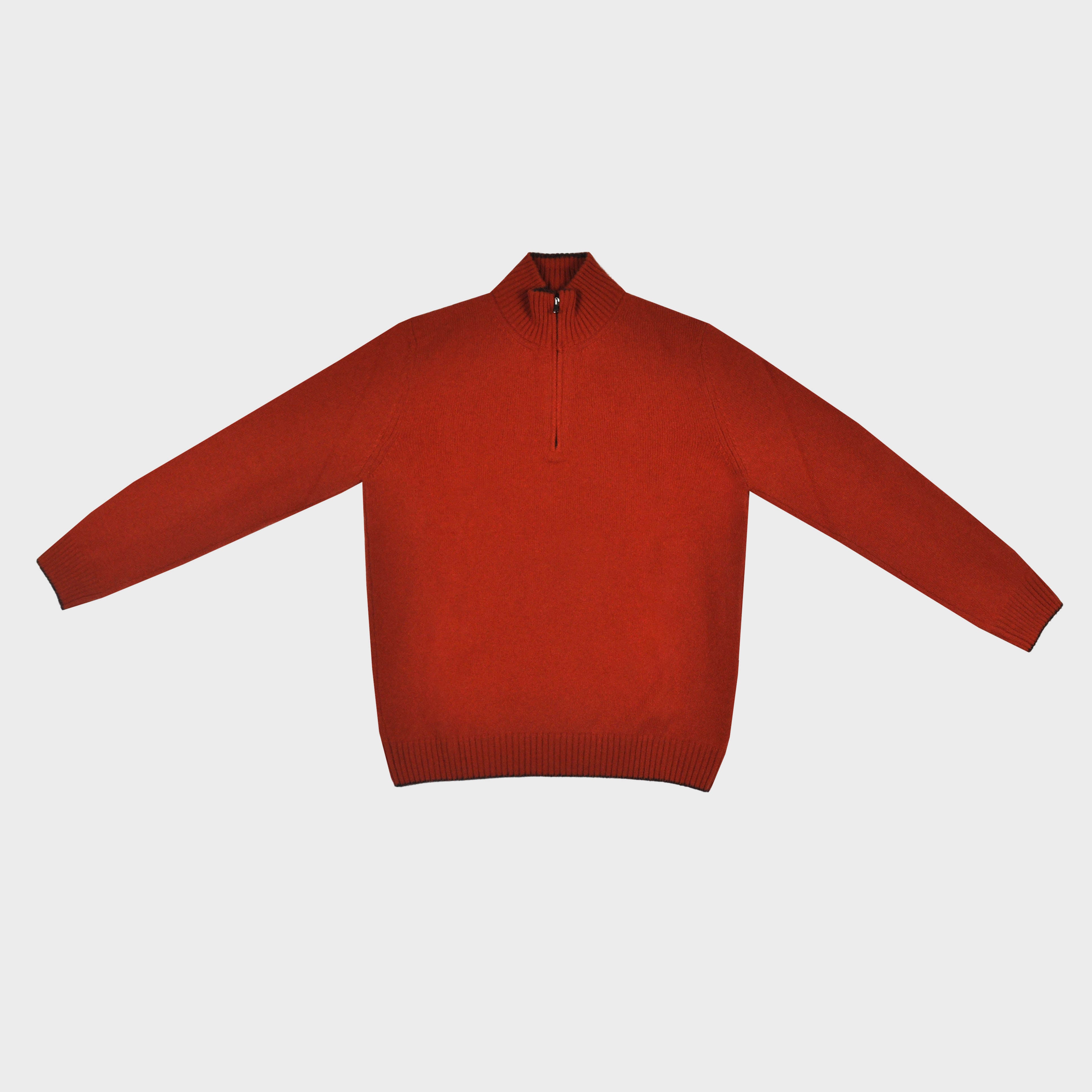 Merino Wool Quarter Zip Jumper in Rustry Orange with Brown Trim