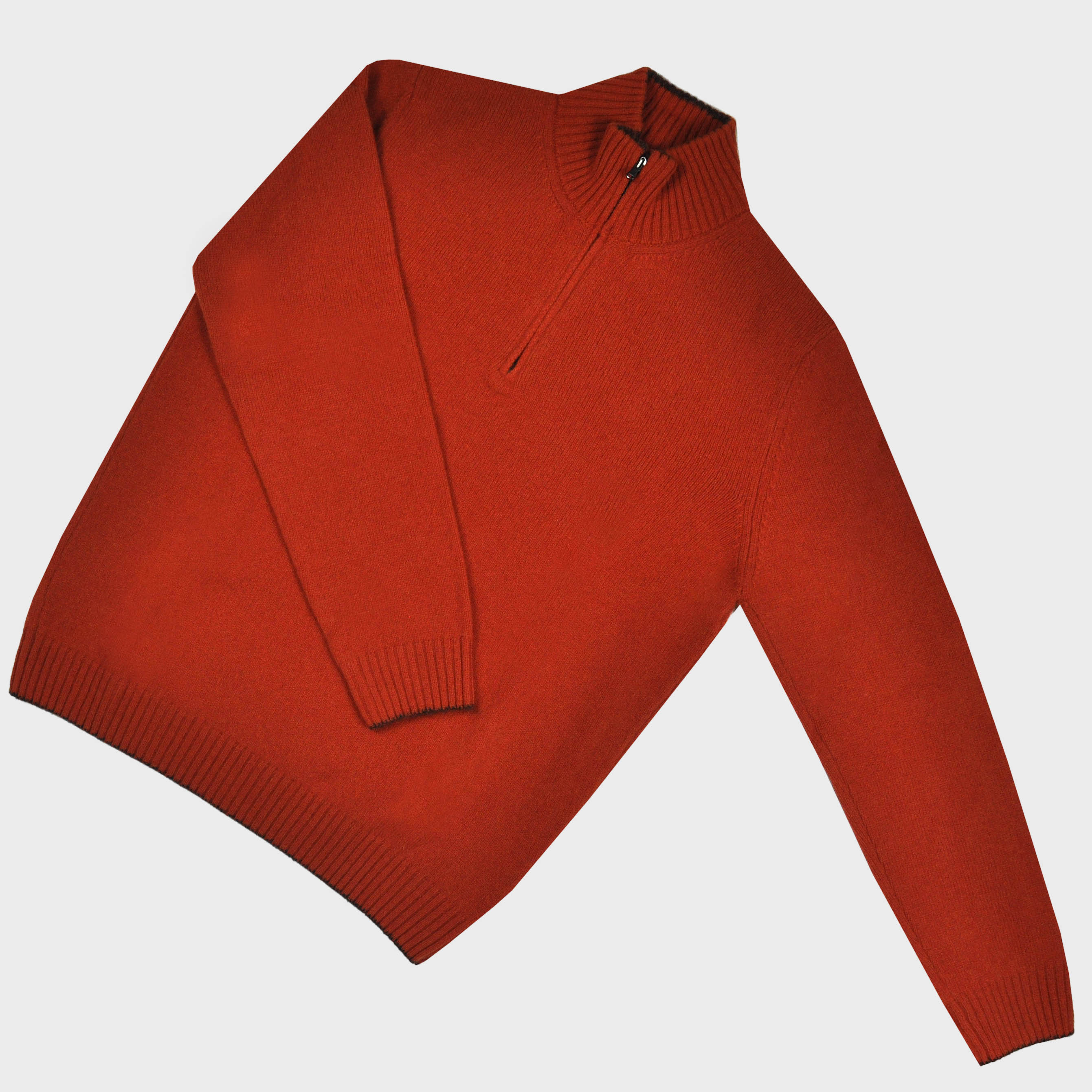 Merino Wool Quarter Zip Jumper in Rustry Orange with Brown Trim