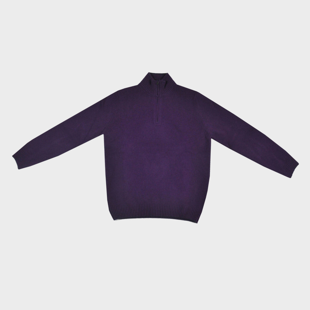 Merino Wool Quarter Zip Jumper in Purple with Navy Trim