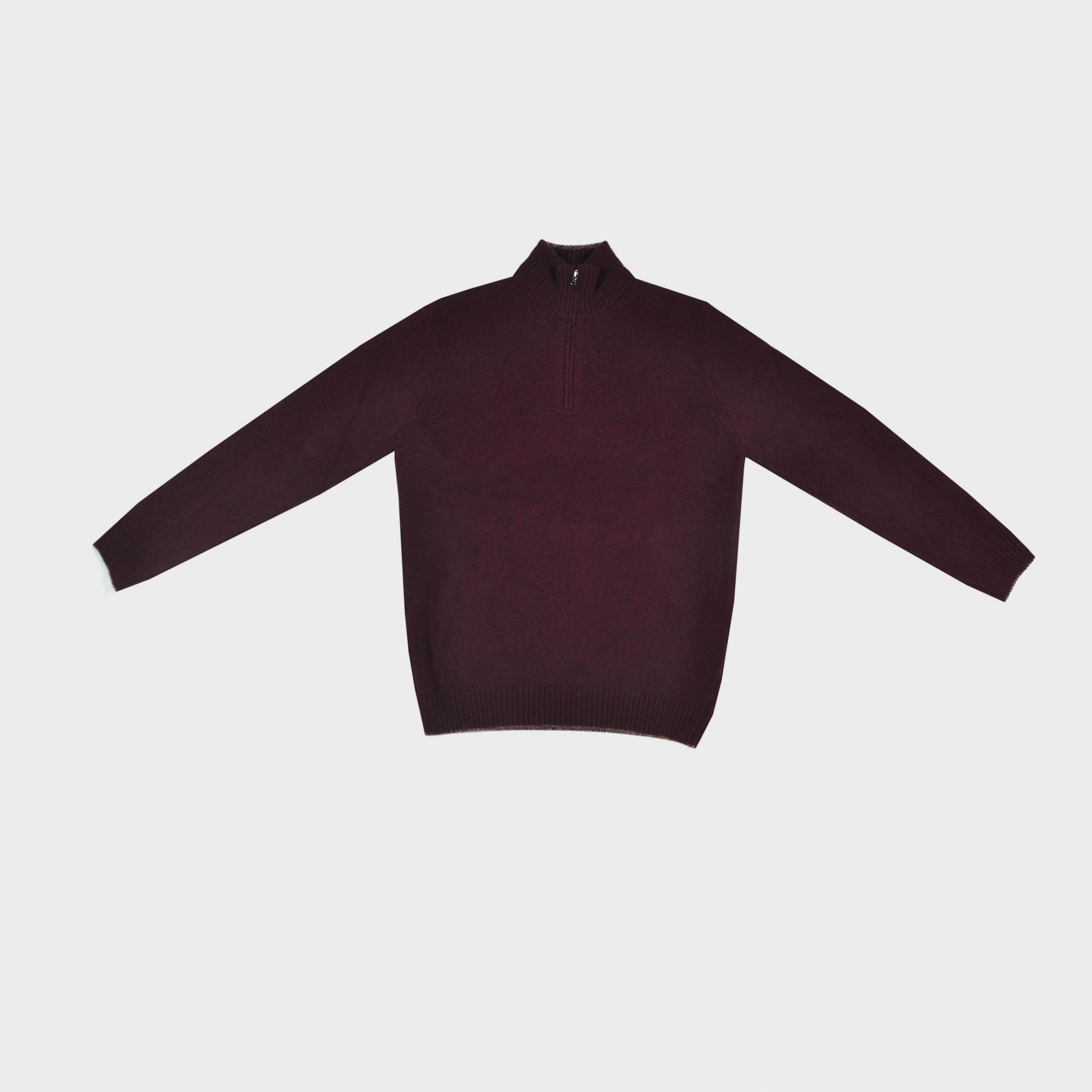 Merino Wool Quarter Zip Jumper in Claret with Light Brown Trim
