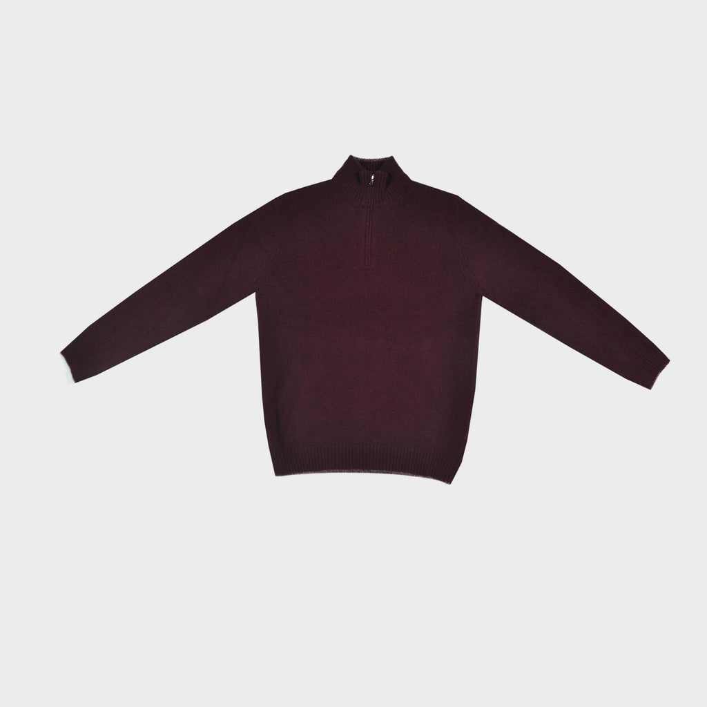 Merino Wool Quarter Zip Jumper in Claret with Light Brown Trim