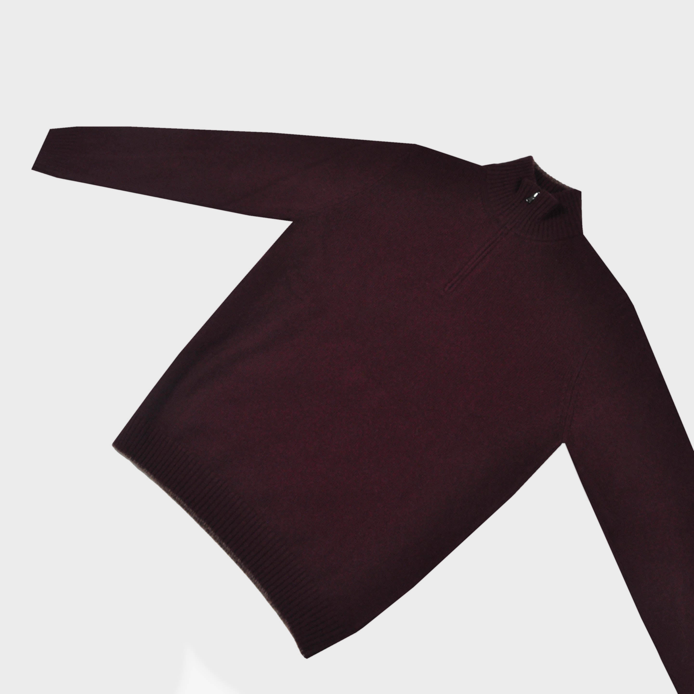 Merino Wool Quarter Zip Jumper in Claret with Light Brown Trim