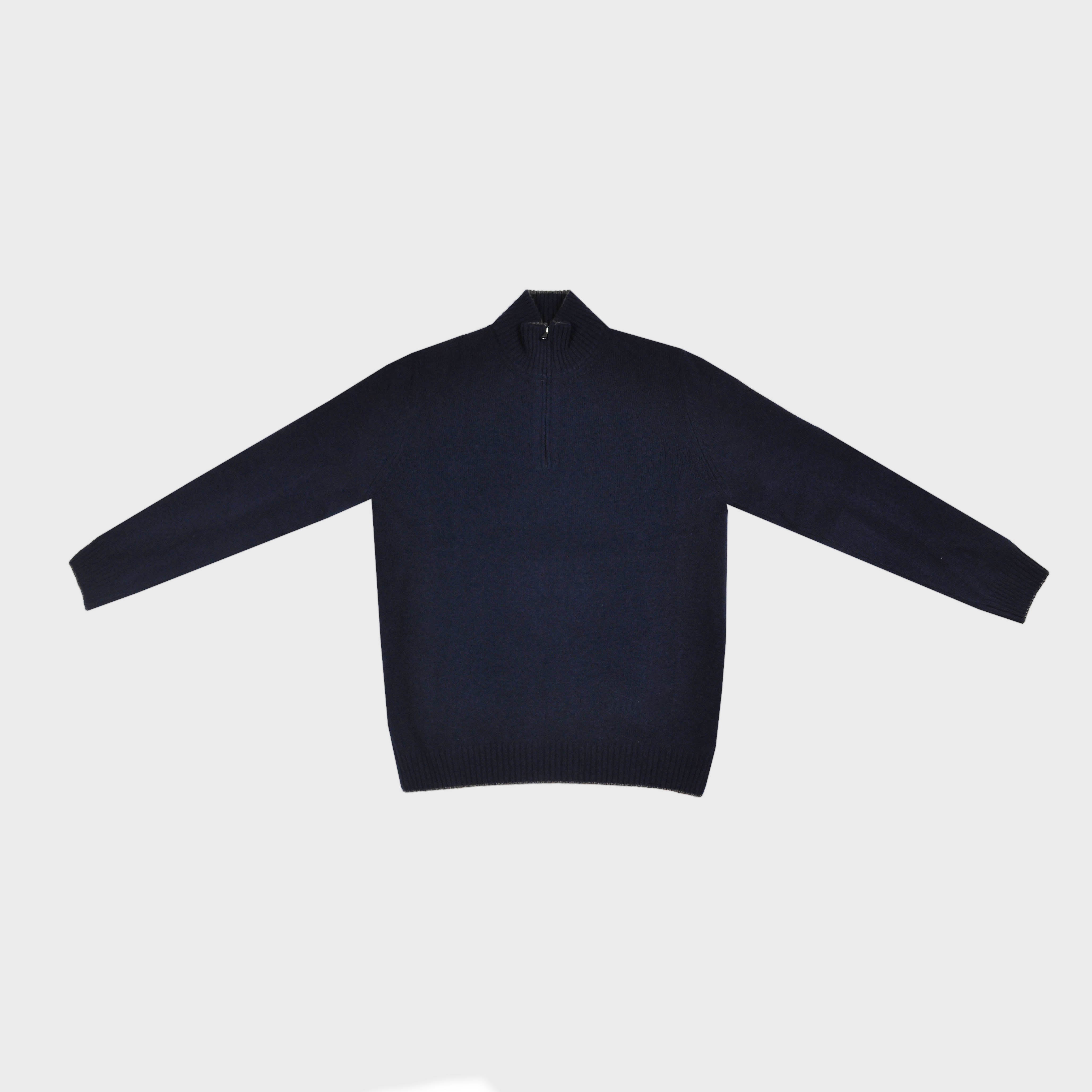 Merino Wool Quarter Zip Jumper in Navy with Light Brown Trim