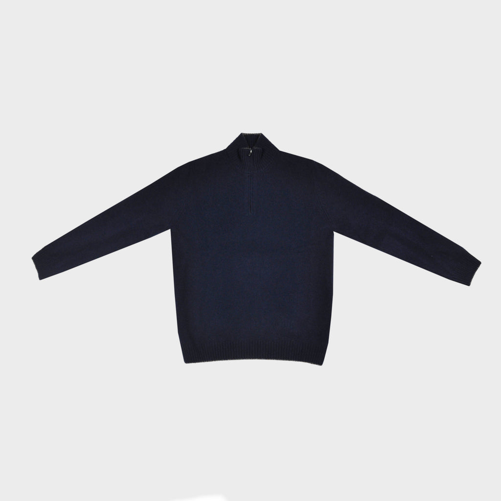 Merino Wool Quarter Zip Jumper in Navy with Light Brown Trim