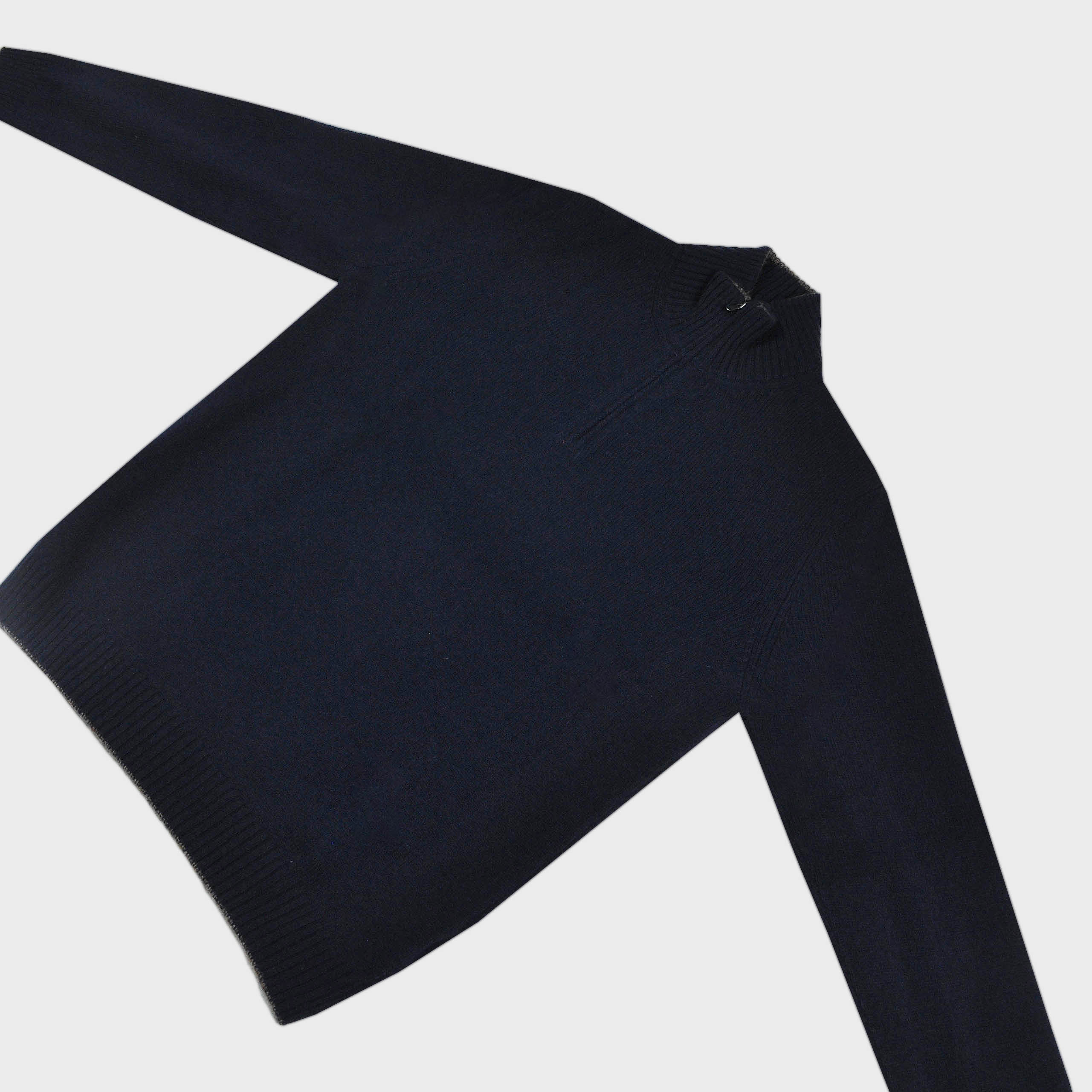 Merino Wool Quarter Zip Jumper in Navy with Light Brown Trim