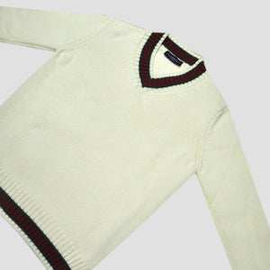 Merino Wool V-Neck Cricket Style Jumper in White with Green & Red Trim