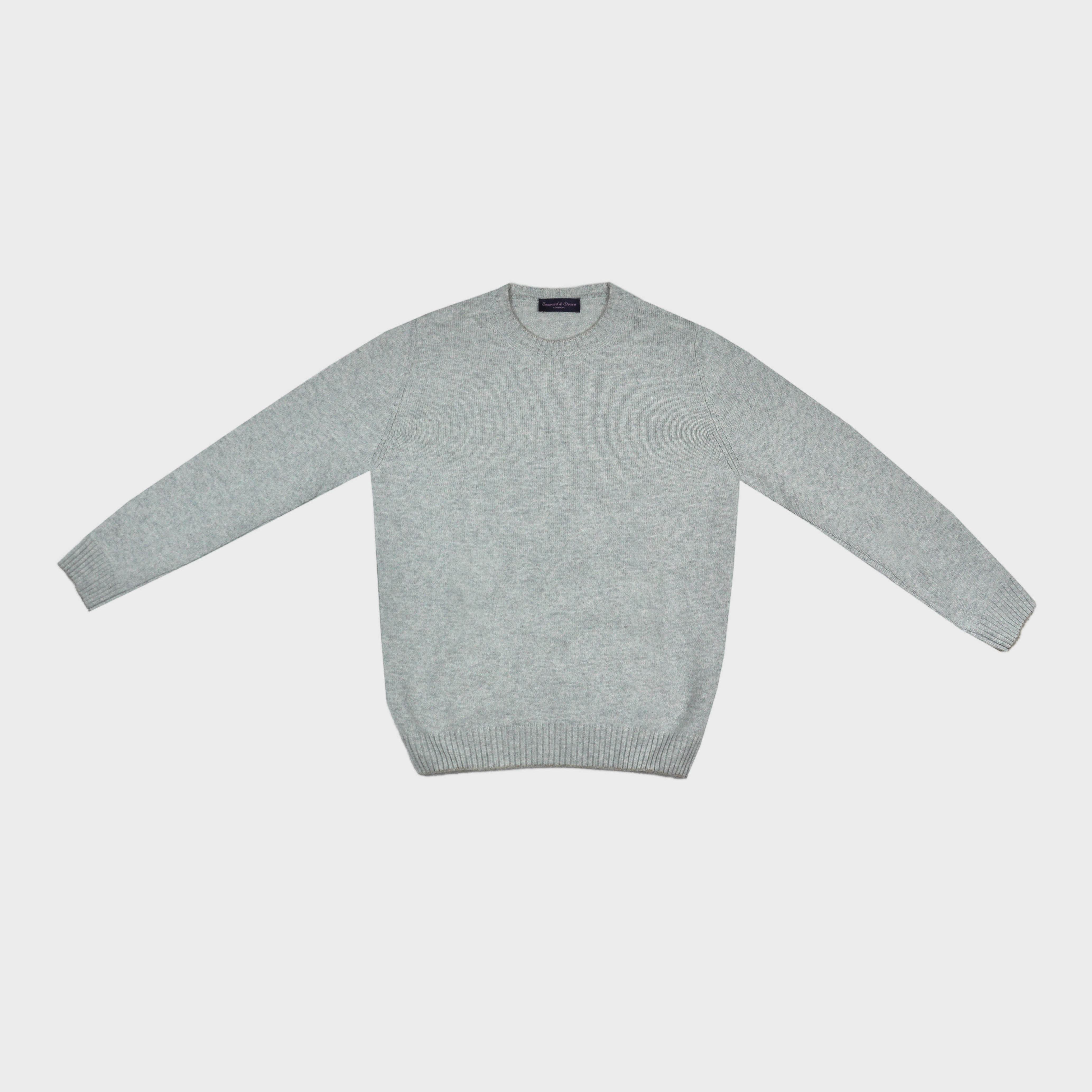 Merino Wool Crew Neck Jumper in Light Grey with Ochre Trim