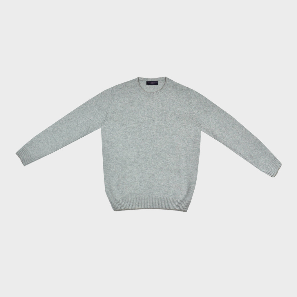 Merino Wool Crew Neck Jumper in Light Grey with Ochre Trim