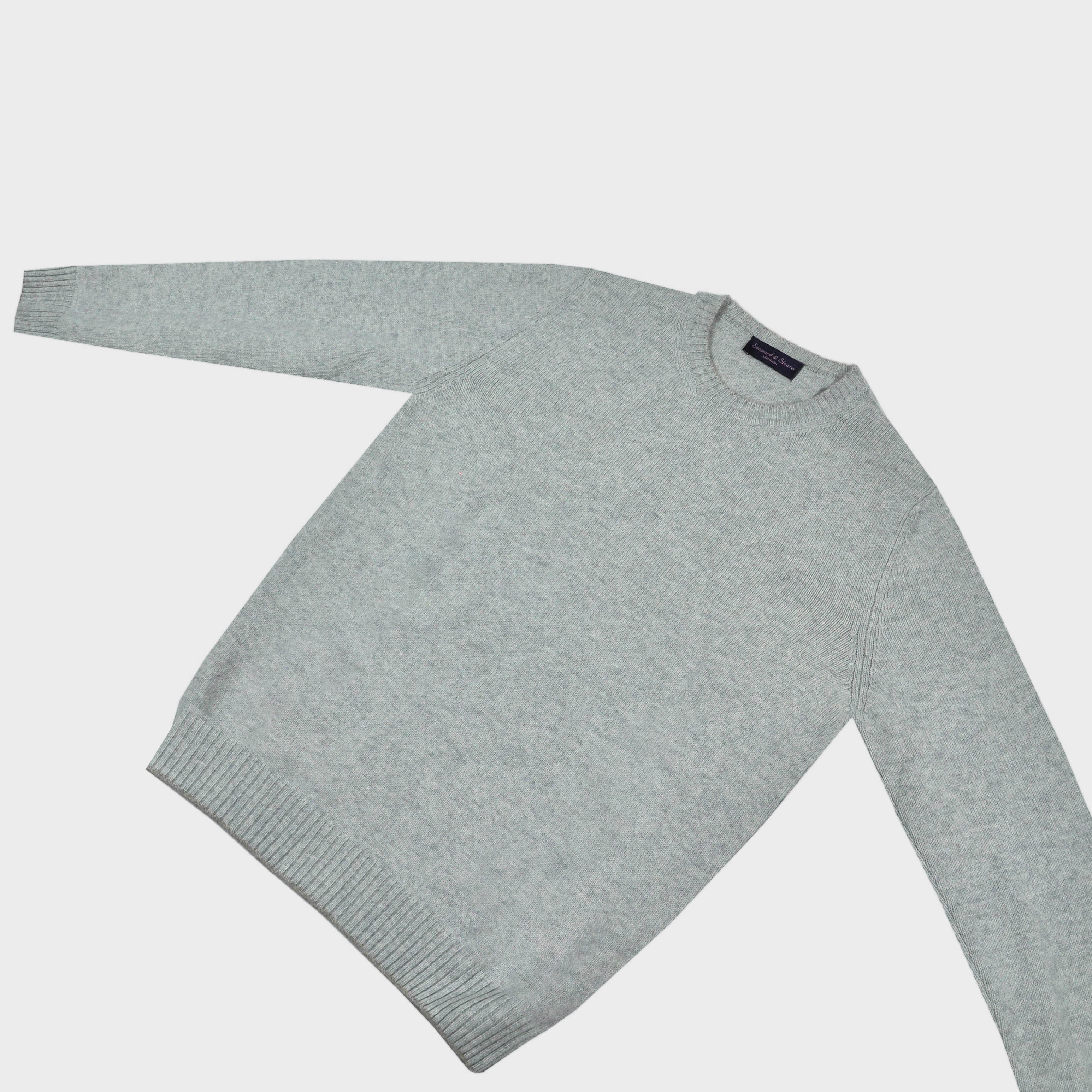 Merino Wool Crew Neck Jumper in Light Grey with Ochre Trim