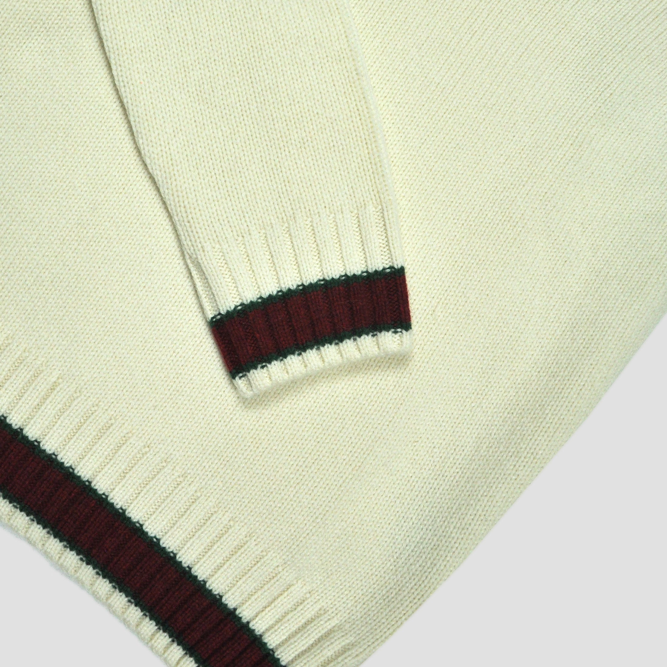 Merino Wool V-Neck Cricket Style Jumper in White with Green & Red Trim