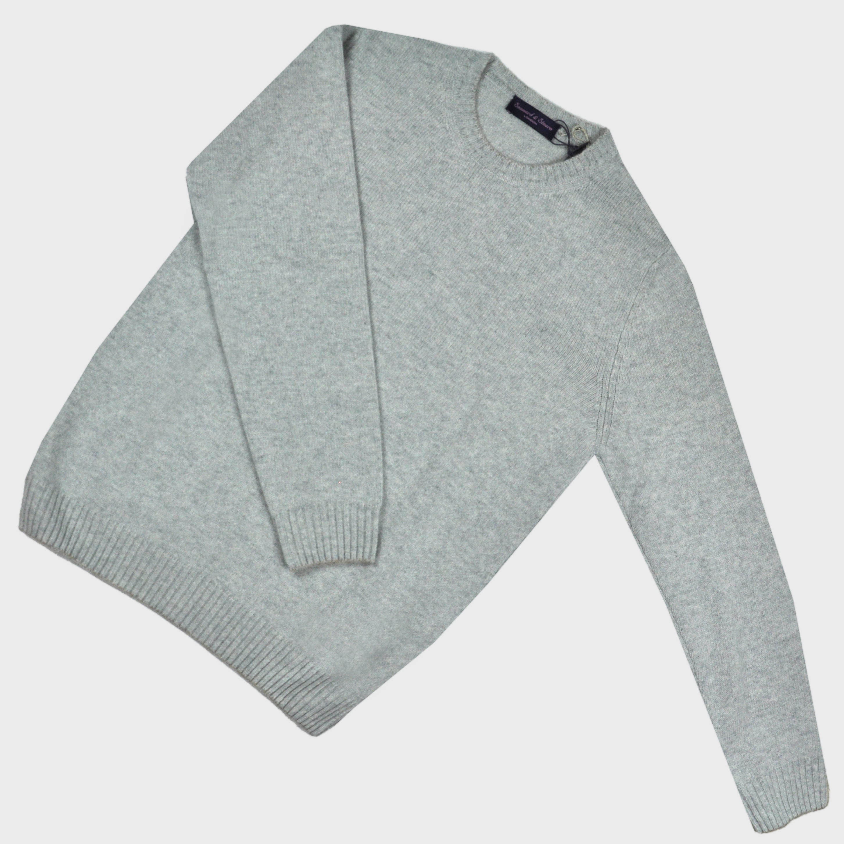 Merino Wool Crew Neck Jumper in Light Grey with Ochre Trim