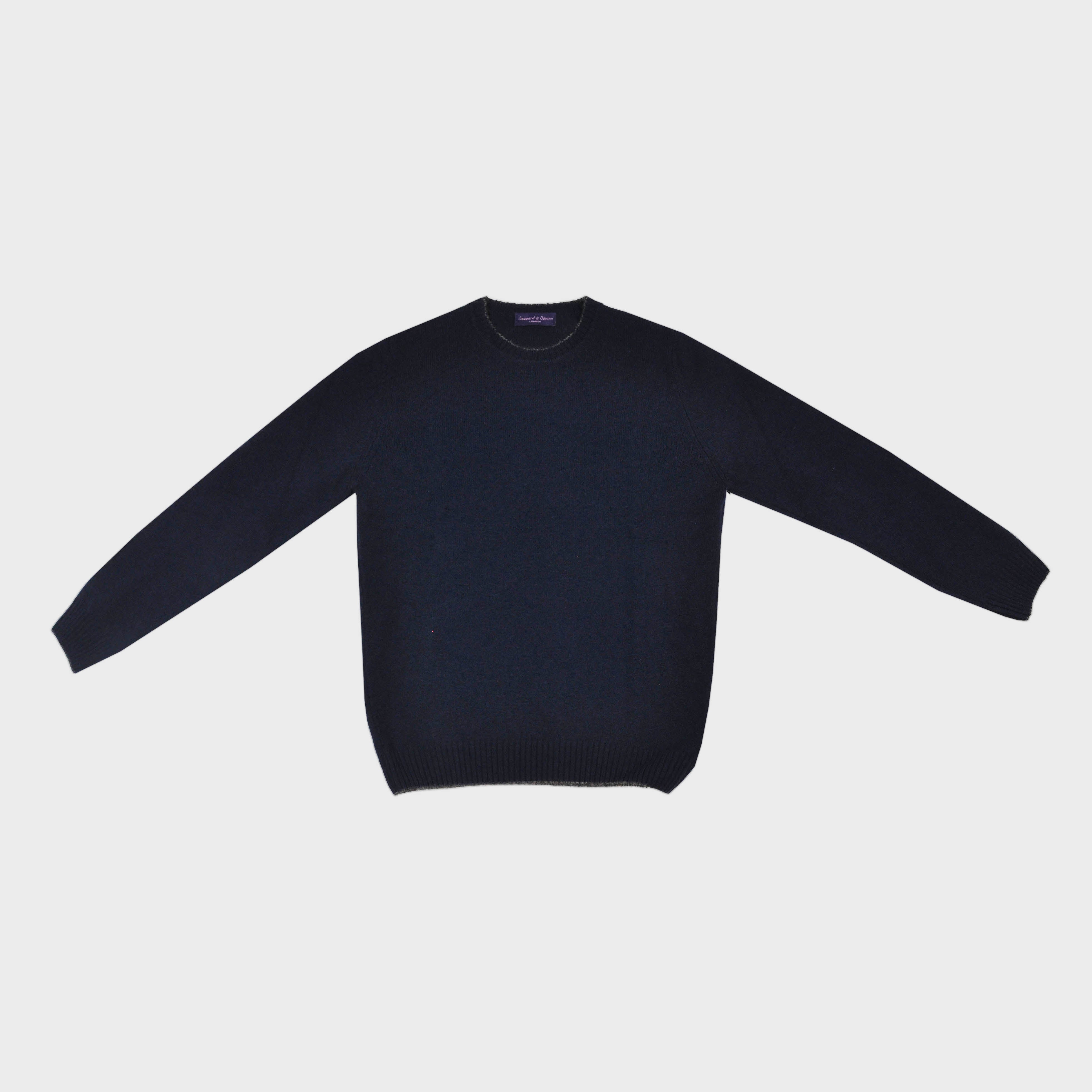Merino Wool Crew Neck Jumper in Navy with Brown Trim