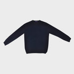 Merino Wool Crew Neck Jumper in Navy with Brown Trim
