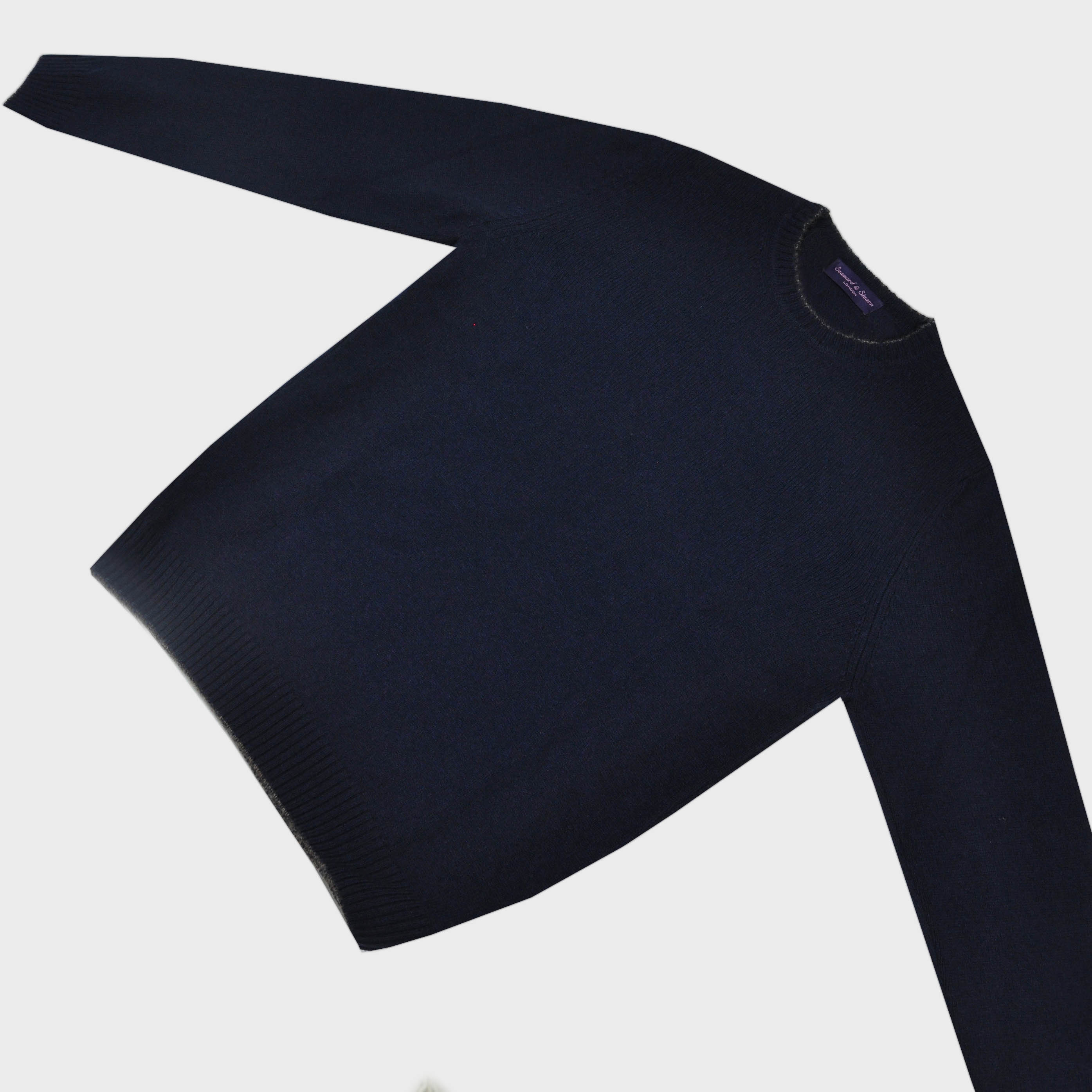 Merino Wool Crew Neck Jumper in Navy with Brown Trim