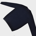Merino Wool Crew Neck Jumper in Navy with Brown Trim