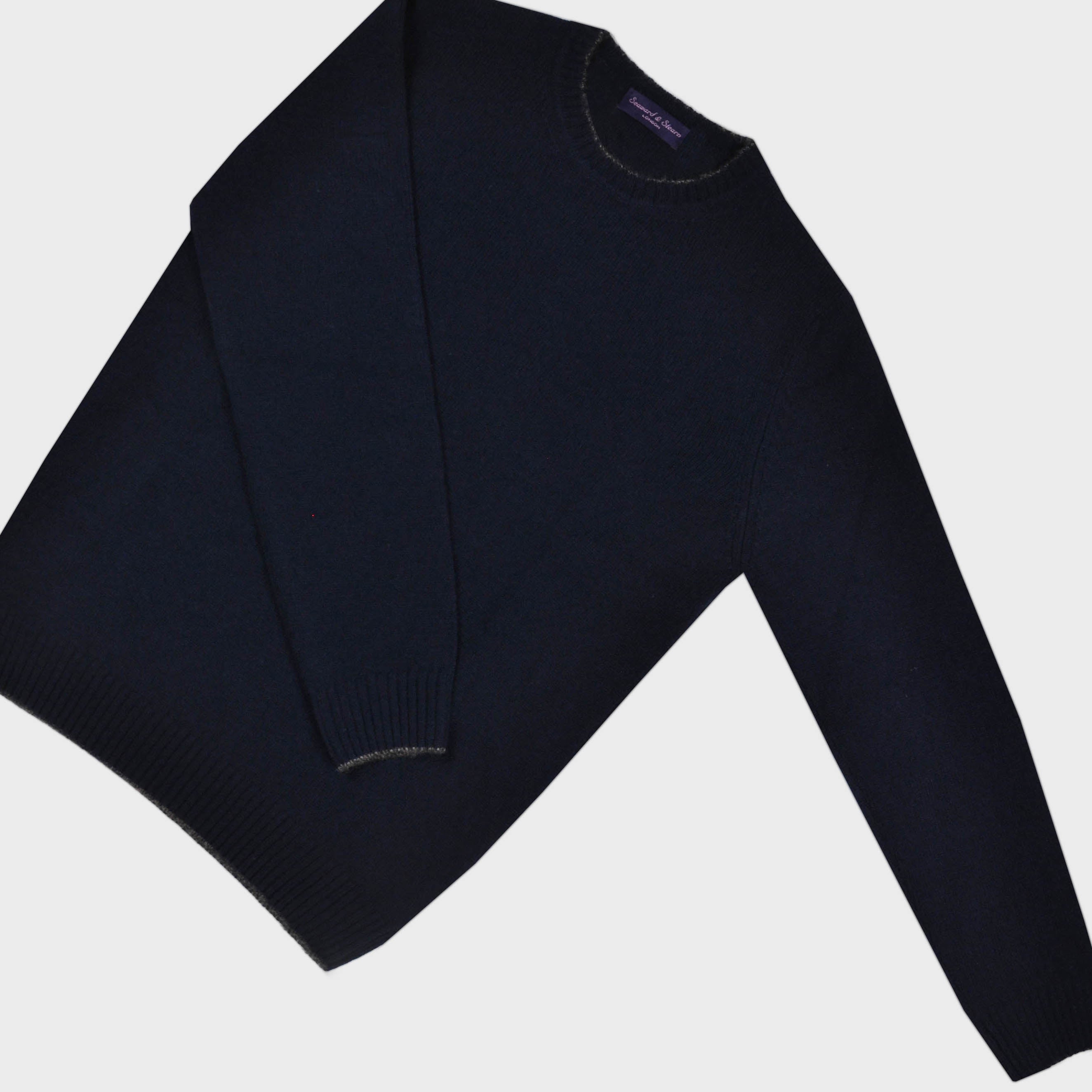 Merino Wool Crew Neck Jumper in Navy with Brown Trim