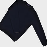 Merino Wool Crew Neck Jumper in Navy with Brown Trim