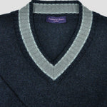 Merino Wool V-Neck Cricket Style Jumper in Denim Blue with Grey Trim