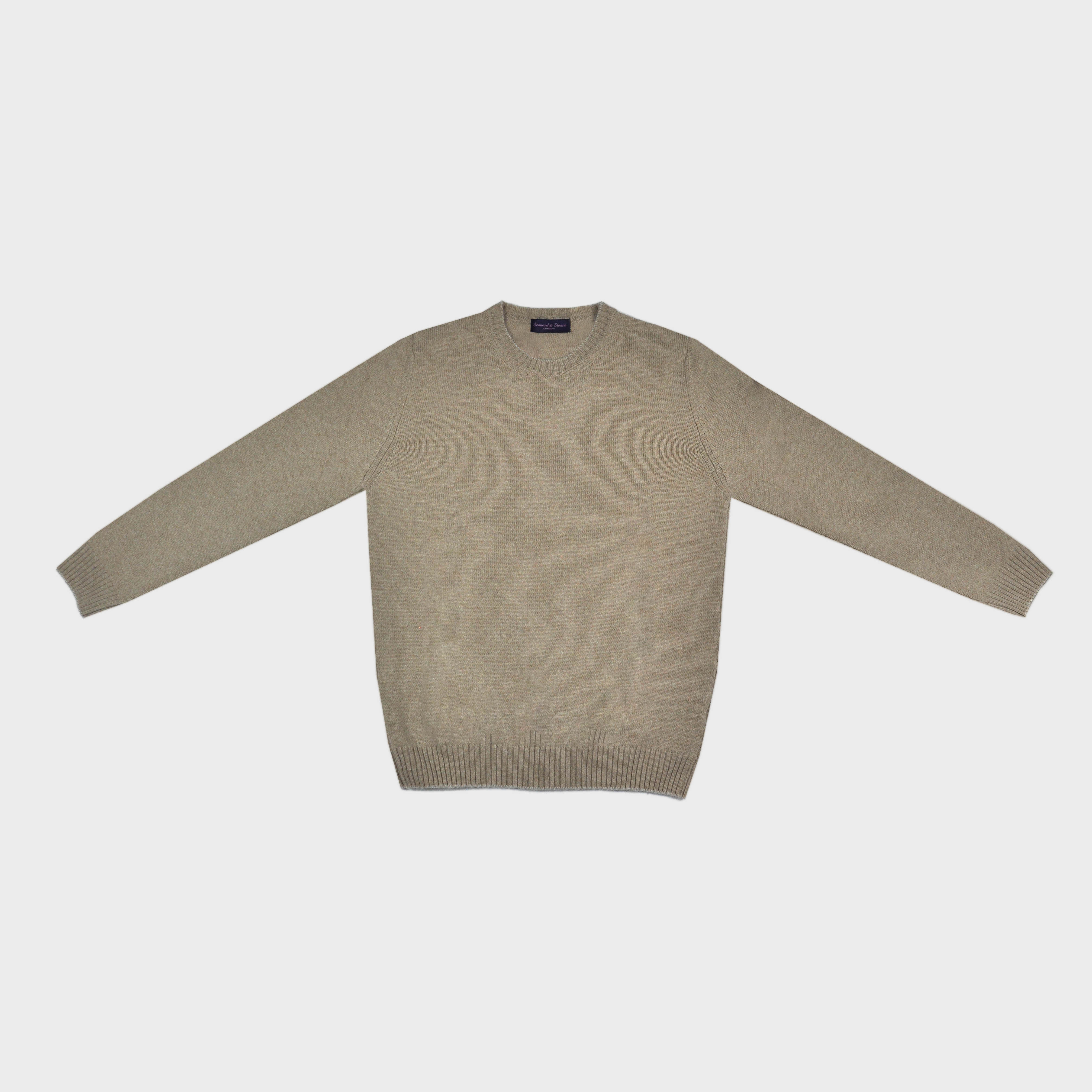 Merino Wool Crew Neck Jumper in Light Brown with Beige Trim