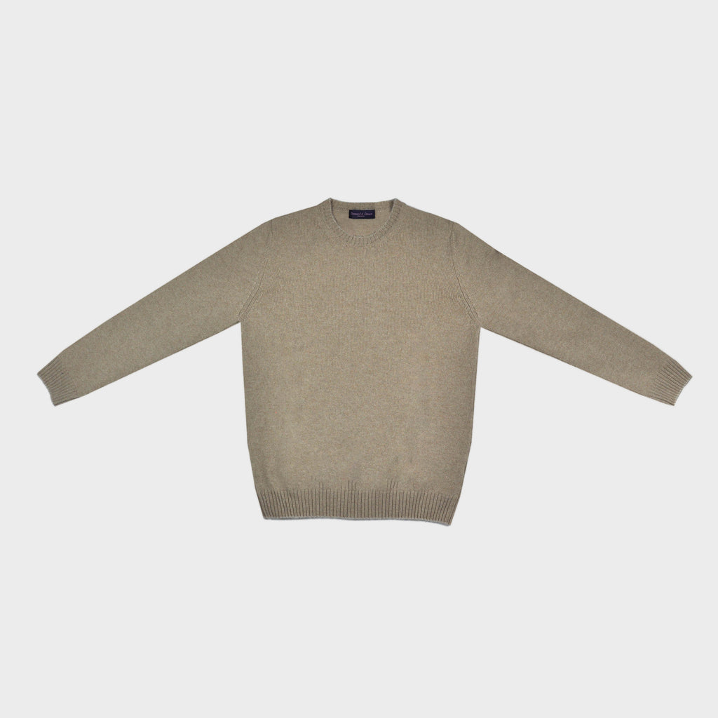 Merino Wool Crew Neck Jumper in Light Brown with Beige Trim