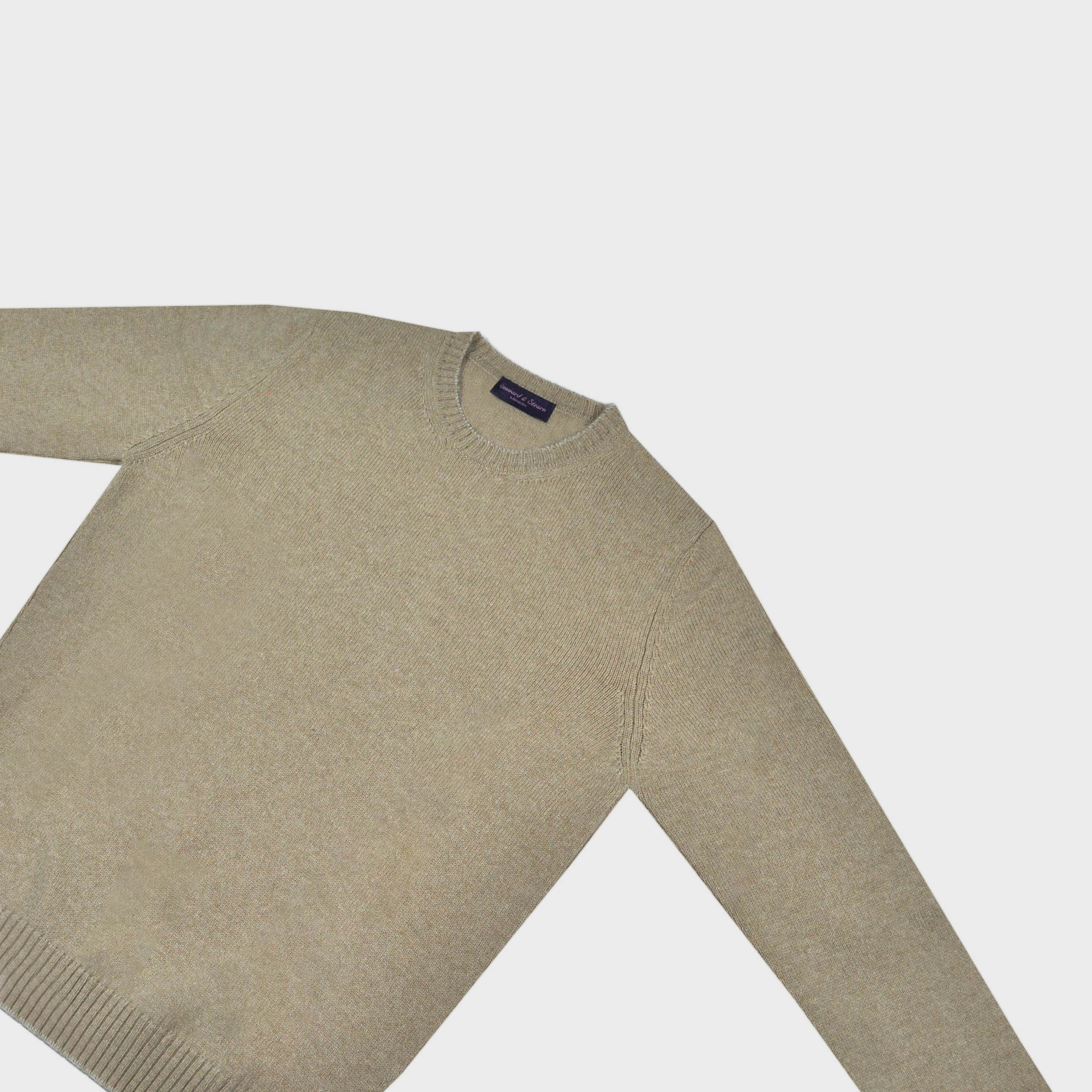 Merino Wool Crew Neck Jumper in Light Brown with Beige Trim