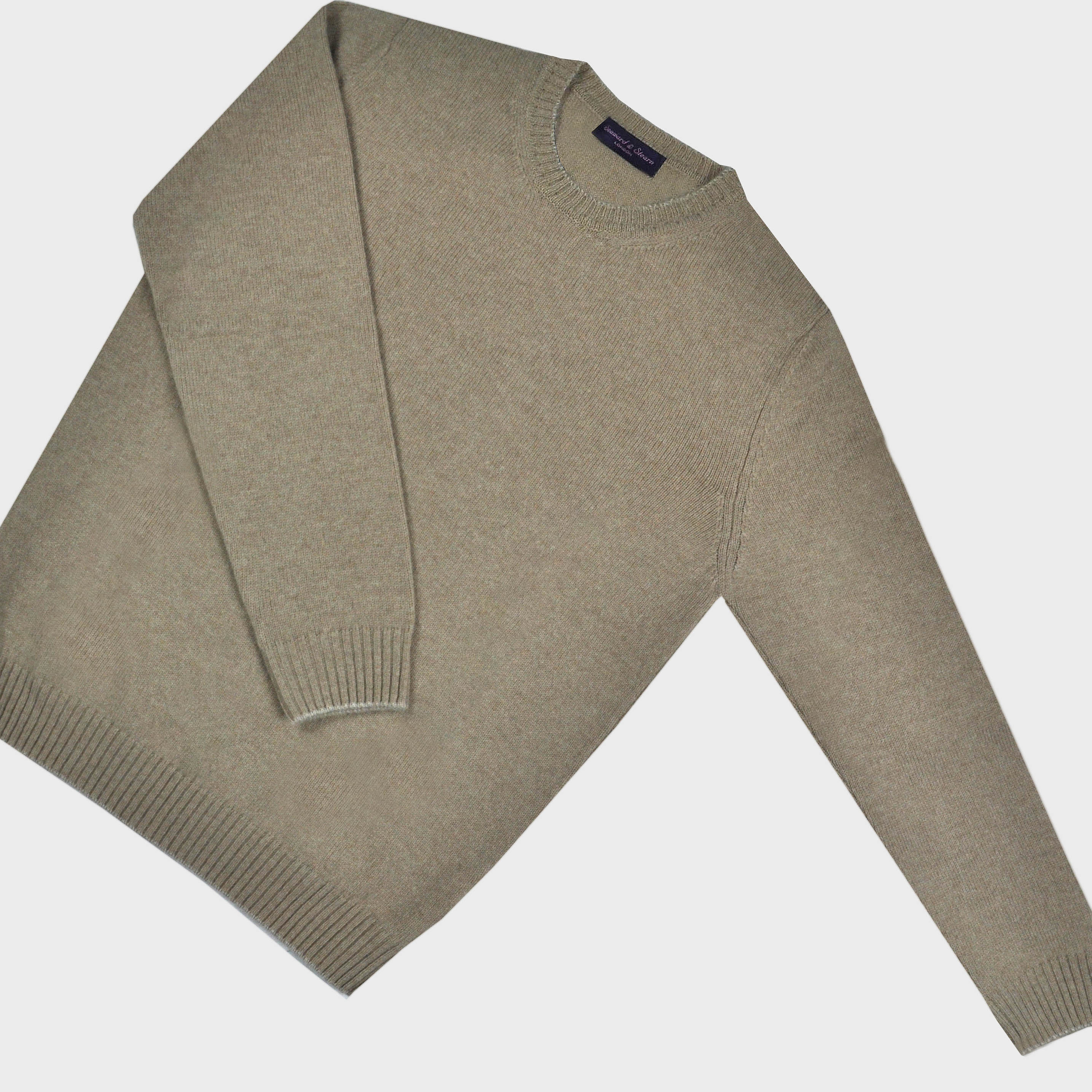 Merino Wool Crew Neck Jumper in Light Brown with Beige Trim
